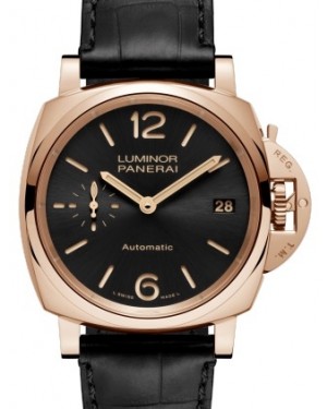 Panerai PAM 908 Luminor Due Red Gold Black Arabic / Index Dial & Smooth Leather Bracelet 38mm - BRAND NEW