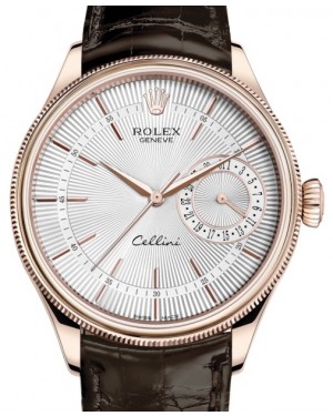 Rolex Cellini Date Rose Gold Silver Guilloche Index Dial Domed & Fluted Double Bezel Tobacco Leather Bracelet 50515 - BRAND NEW