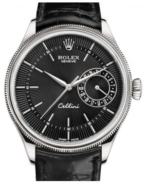 Rolex Cellini Date White Gold Black Guilloche Index Dial Domed & Fluted Double Bezel Black Leather Bracelet 50519 - BRAND NEW