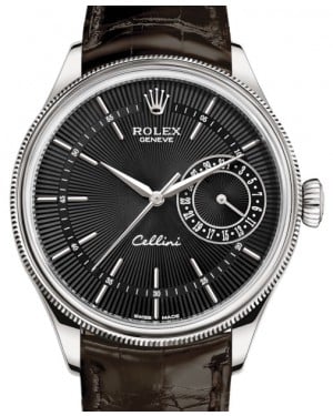 Rolex Cellini Date White Gold Black Guilloche Index Dial Domed & Fluted Double Bezel Tobacco Leather Bracelet 50519 - BRAND NEW