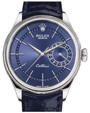 Rolex Cellini Date White Gold Blue Guilloche Index Dial Domed & Fluted Double Bezel Blue Leather Bracelet 50519 - BRAND NEW