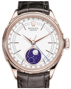 Rolex Cellini Moonphase Rose Gold White Index Dial Domed & Fluted Double Bezel Tobacco Leather Bracelet 50535 - BRAND NEW