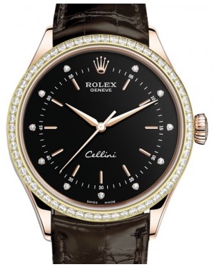 Rolex Cellini Time Rose Gold Black Diamond Dial Diamond Bezel Tobacco Leather Bracelet 50705RBR - BRAND NEW