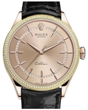 Rolex Cellini Time Rose Gold Pink Index Dial Diamond & Fluted Double Bezel Black Leather Bracelet 50605RBR - BRAND NEW