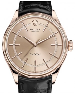Rolex Cellini Time Rose Gold Pink Index Dial Domed & Fluted Double Bezel Black Leather Bracelet 50505 - BRAND NEW