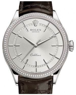 Rolex Cellini Time White Gold Rhodium Index Dial Diamond & Fluted Double Bezel Tobacco Leather Bracelet 50609RBR - BRAND NEW