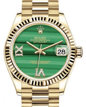 Rolex Datejust 31 Lady Midsize Yellow Gold Green Malachite VI IX Diamond Dial & Fluted Bezel President Bracelet 278278 - BRAND NEW