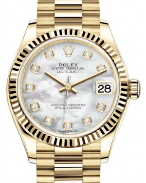 Rolex Datejust 31 Lady Midsize Yellow Gold White Mother of Pearl Diamond Dial & Fluted Bezel President Bracelet 278278 - BRAND NEW