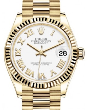 Rolex Datejust 31 Lady Midsize Yellow Gold White Roman Dial & Fluted Bezel President Bracelet 278278 - BRAND NEW