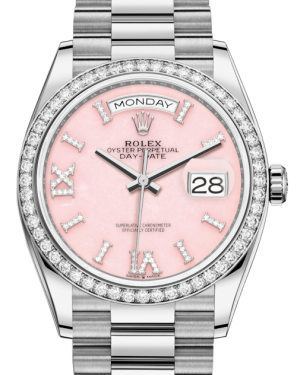 Rolex Day-Date 36 White Gold Pink Opal Diamond Dial & Diamond Bezel President Bracelet 128349RBR - BRAND NEW