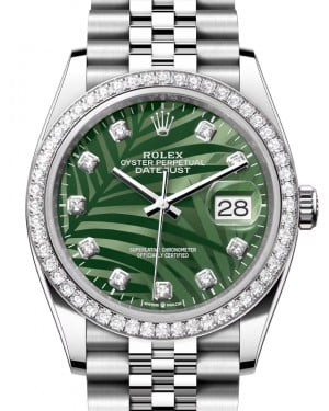 Rolex Datejust 36 White Gold/Steel Olive Green Palm Motif Diamond Dial & Diamond Bezel Jubilee Bracelet 126284RBR - BRAND NEW