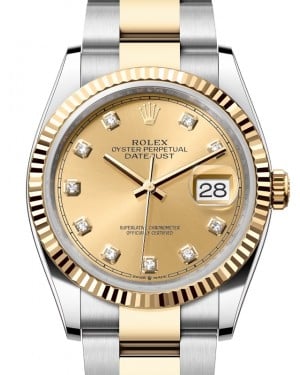 Rolex Datejust 36 Yellow Gold/Steel Champagne Diamond Dial & Fluted Bezel Oyster Bracelet 126233 - BRAND NEW