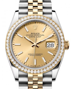 Rolex Datejust 36 Yellow Gold/Steel Champagne Index Dial & Diamond Bezel Jubilee Bracelet 126283RBR - BRAND NEW