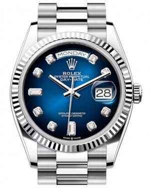 Rolex Day-Date 36 Platinum Blue Ombre Diamond Dial & Fluted Bezel President Bracelet 128236 - BRAND NEW