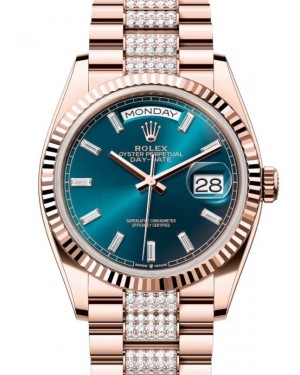 Rolex Day-Date 36 President Rose Gold Blue-Green Fluted Bezel Diamond Set Bracelet 128235