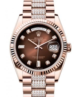 Rolex Day-Date 36 President Rose Gold Brown Ombre Dial Fluted Bezel Diamond Bracelet 128235