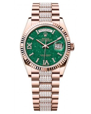 Rolex Day-Date 36 President Rose Gold Green Aventurine Dial Fluted Bezel Diamond Bracelet 128235