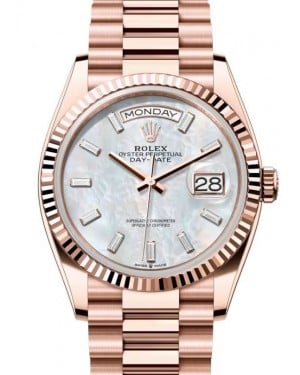 Rolex Day-Date 36 President Rose Gold White Mother of Pearl Baguette Diamond Dial Fluted Bezel 128235