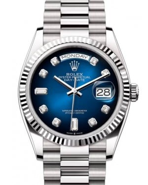 Rolex Day-Date 36 President White Gold Blue Ombre Diamond Dial Fluted Bezel 128239