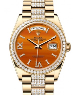 Rolex Day-Date 36 President Yellow Gold Carnelian Orange Dial Diamond Bezel & Bracelet 128348RBR