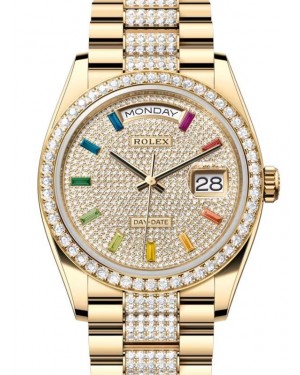 Rolex Day-Date 36 President Yellow Gold Rainbow Colored Sapphires Dial Diamond Bezel & Bracelet 128348RBR