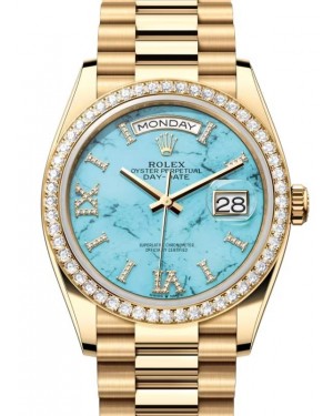 Rolex Day-Date 36 President Yellow Gold Turquoise "Tiffany" Diamond Dial & Bezel 128348RBR