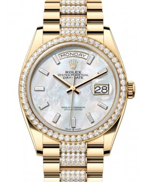 Rolex Day-Date 36 President Yellow Gold White Mother of Pearl Baguette Dial Diamond Bezel & Bracelet 128348RBR