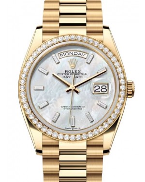 Rolex Day-Date 36 President Yellow Gold White Mother of Pearl Baguette Diamond Dial & Bezel 128348RBR