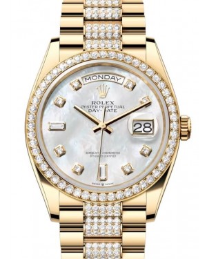 Rolex Day-Date 36 President Yellow Gold White Mother of Pearl Dial Diamond Bezel & Bracelet 128348RBR