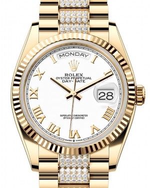 Rolex Day-Date 36 President Yellow Gold White Roman Dial Diamond Bracelet 128238 - BRAND NEW