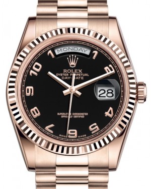Rolex Day-Date 36 Rose Gold Black Arabic Dial & Fluted Bezel President Bracelet 118235 - BRAND NEW