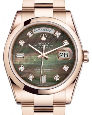 Rolex Day-Date 36 Rose Gold Black Mother of Pearl Diamond Dial & Smooth Domed Bezel Oyster Bracelet 118205 - BRAND NEW