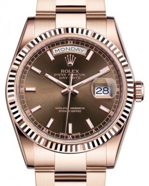Rolex Day-Date 36 Rose Gold Chocolate Index Dial & Fluted Bezel Oyster Bracelet 118235 - BRAND NEW