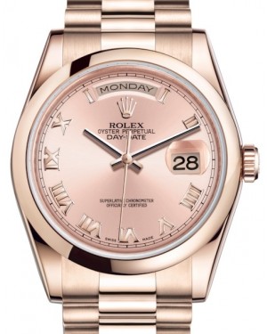 Rolex Day-Date 36 Rose Gold Pink Roman Dial & Smooth Domed Bezel President Bracelet 118205 - BRAND NEW