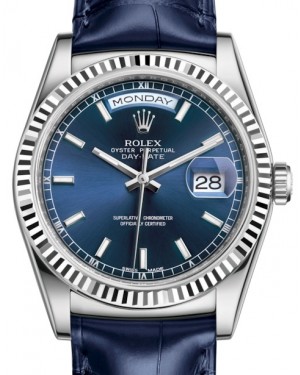 Rolex Day-Date 36 White Gold Blue Index Dial & Fluted Bezel Blue Leather Strap 118139 - BRAND NEW