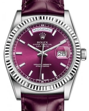 Rolex Day-Date 36 White Gold Cherry Index Dial & Fluted Bezel Bordeaux Leather Strap 118139 - BRAND NEW