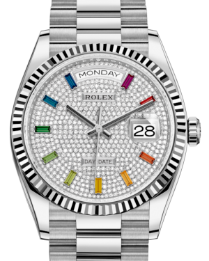 Rolex Day-Date 36 White Gold Diamond Paved Rainbow Colored Sapphires Dial & Fluted Bezel President Bracelet 128239 - BRAND NEW