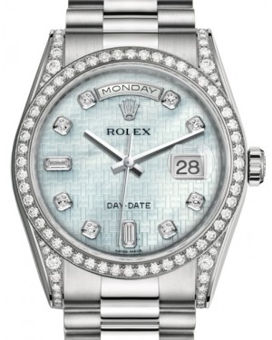 Rolex Day-Date 36 White Gold Platinum Mother of Pearl with Oxford Motif Diamond Dial & Diamond Set Case & Bezel President Bracelet 118389 - BRAND NEW