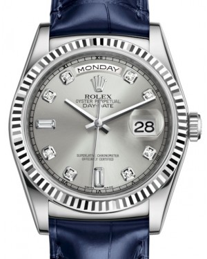 Rolex Day-Date 36 White Gold Silver Diamond Dial & Fluted Bezel Blue Leather Strap 118139 - BRAND NEW