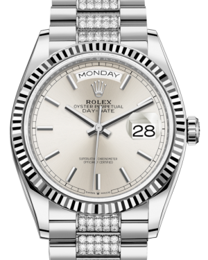 Rolex Day-Date 36 White Gold Silver Index Dial & Fluted Bezel Diamond Set President Bracelet 128239 - BRAND NEW