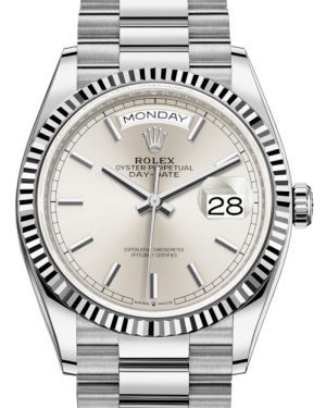 Rolex Day-Date 36 White Gold Silver Index Dial & Fluted Bezel President Bracelet 128239 - BRAND NEW