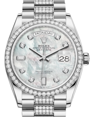 Rolex Day-Date 36 White Gold White Mother of Pearl Diamond Dial & Diamond Bezel Diamond Set President Bracelet 128349RBR - BRAND NEW