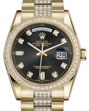 Rolex Day-Date 36 Yellow Gold Black Diamond Dial & Diamond Bezel Diamond Set President Bracelet 118348 - BRAND NEW