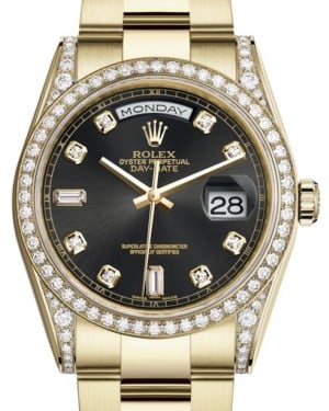 Rolex Day-Date 36 Yellow Gold Black Diamond Dial & Diamond Set Case & Bezel Oyster Bracelet 118388 - BRAND NEW