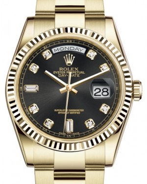 Rolex Day-Date 36 Yellow Gold Black Diamond Dial & Fluted Bezel Oyster Bracelet 118238 - BRAND NEW