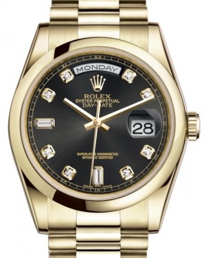Rolex Day-Date 36 Yellow Gold Black Diamond Dial & Smooth Domed Bezel President Bracelet 118208 - BRAND NEW