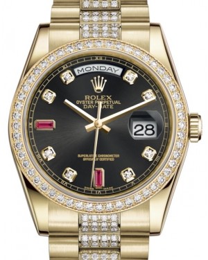 Rolex Day-Date 36 Yellow Gold Black Diamond & Rubies Dial & Diamond Bezel Diamond Set President Bracelet 118348 - BRAND NEW