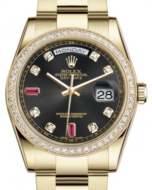 Rolex Day-Date 36 Yellow Gold Black Diamond & Rubies Dial & Diamond Bezel Oyster Bracelet 118348 - BRAND NEW