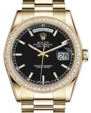 Rolex Day-Date 36 Yellow Gold Black Index Dial & Diamond Bezel President Bracelet 118348 - BRAND NEW
