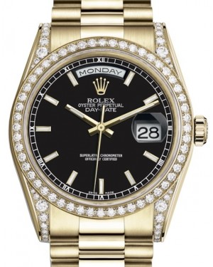 Rolex Day-Date 36 Yellow Gold Black Index Dial & Diamond Set Case & Bezel President Bracelet 118388 - BRAND NEW